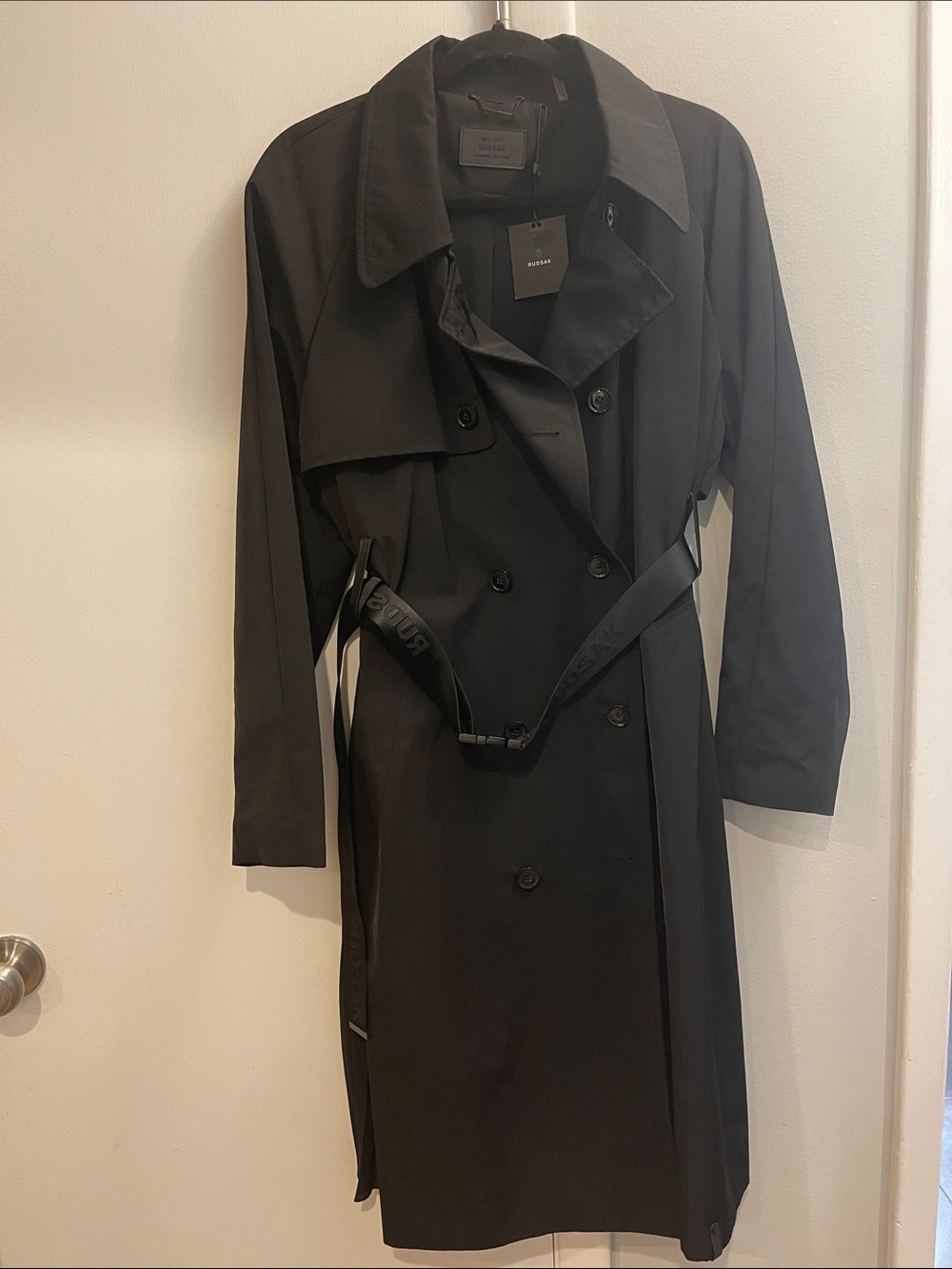 RUDSAK Black Double-Breasted Pleated Trench with Branded Belt